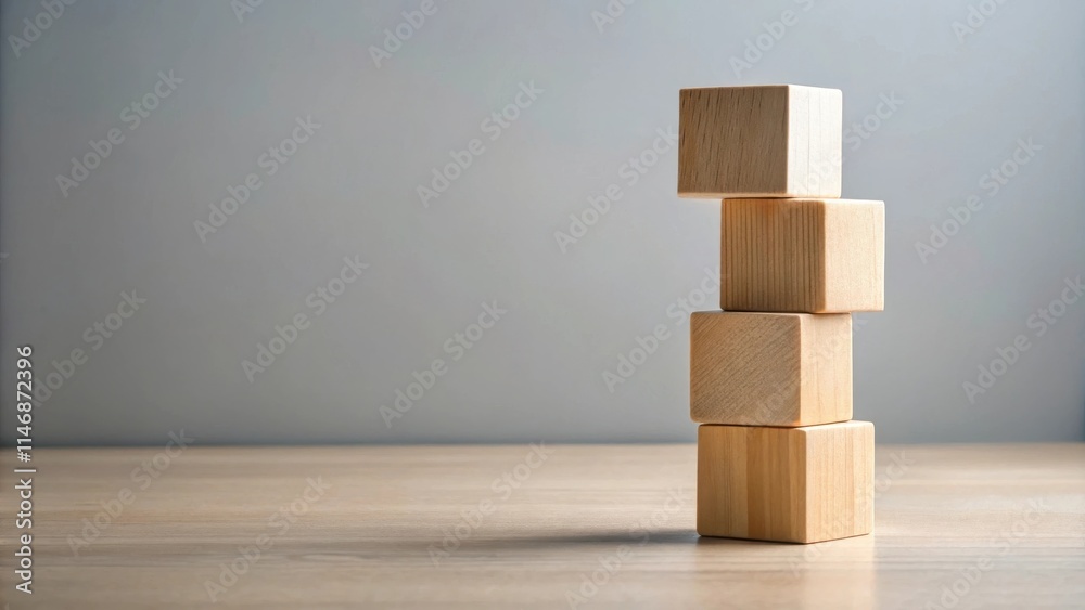 Aufkleber Four wooden blocks stacked on a table against a gray background, representing stability and growth.
