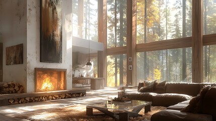 A modern farmhouse-style living room with a fireplace, white walls, and wood floors. Tall windows on one wall offer a view the trees outside. The room features modern furniture