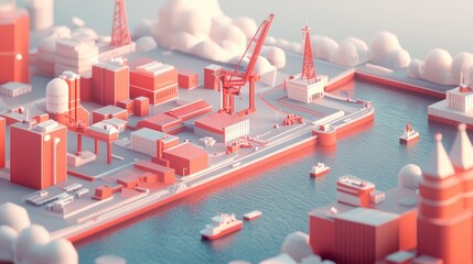 Urban harbor activity in pastel tones showing cranes, ships, and buildings along the waterfront during daylight