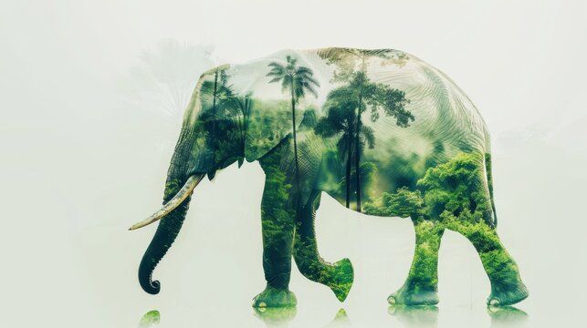 Double exposure of majestic elephant walking amidst vibrant green jungle, symbolizing wildlife conservation and celebrating world wildlife 
