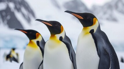 Fototapeta premium Portrait of a pair of majestic king penguins standing proudly on a rocky shore in close-up view of their stunning black and white feathers and vibrant yellow accents