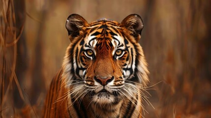 Close-up portrait of a majestic tiger with intense gaze and vibrant fur, showcasing its natural beauty in the wild, highlighting its powerful presence and intricate details of its stripes and features