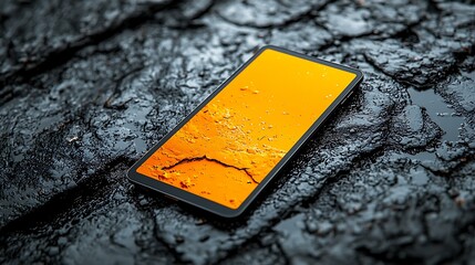 Digital tablet with a vivid orange screen, placed on a muted gray background