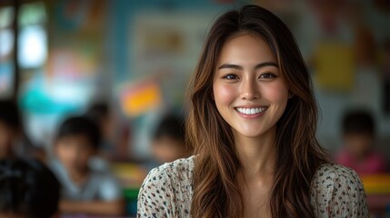 Smiling teacher in classroom engaging with students for a positive learning environment