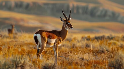 Naklejka premium Red desert pronghorn antelope grazing in the wide-open plains of Wyoming, with a vibrant desert landscape in the background