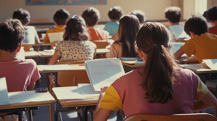 A classroom of students taking a standardized test, each focused on their paper.