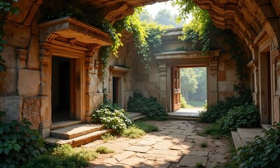 Fototapeta premium Ancient Stone Courtyard Gateway to Serene Woods