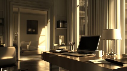 Cozy and Modern Home Office Setting with Natural Light and Elegant Decor, Featuring a Sleek Desk, Laptop, and Warm Ambiance for Productivity and Creativity