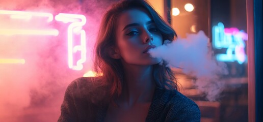 A woman exhales smoke in a neon-lit setting, creating a moody atmosphere.