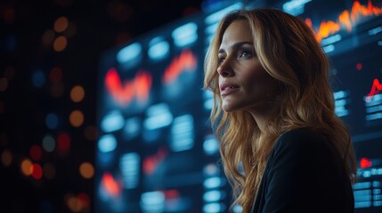 Confident businesswoman analyzing digital data on interactive screen with market graphs