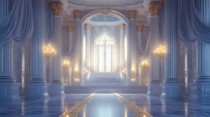 Grand palace interior with bright light, columns, and drapes.