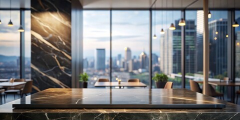 Fototapeta premium A Sleek Black Marble Countertop with a City View Through Large Windows in a Modern Restaurant