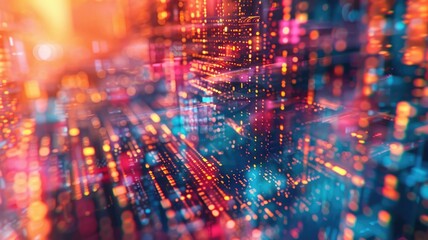 Obraz premium Abstract picture with digital style scenery, high tech building scatter around glow fantasy neon light. Cyberspace scene with technology design construction and electric particle flow around. AIG53.