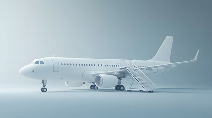 Fototapeta premium Minimalistic White Airplane on Light Blue Background with Boarding Stairs