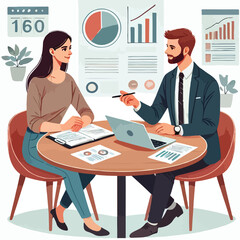 Partners meeting for business discussion with documents and laptop on desk. Couple at round table, speaking, discussing work, partnership. Flat vector illustration isolated on white background