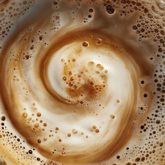 Freeze Motion Detail Shot of Coffee Foam Swirling , Top Down View