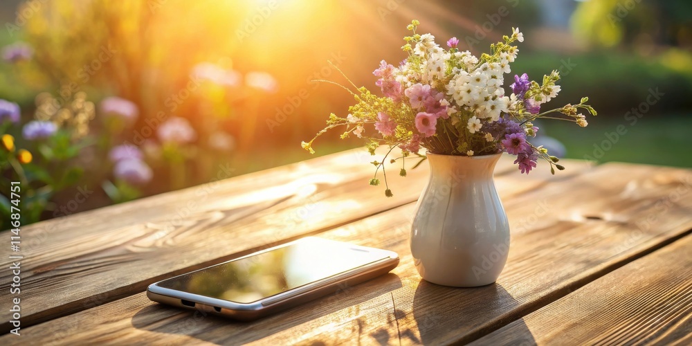 Poster a bouquet of wildflowers in a white vase sits on a wooden table with a cell phone beside it, bathed 