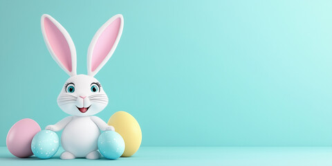 Obraz premium Lachender Osterhase lustige Figur im Cartoon Stil mit Ostereier, Ostern Plakat