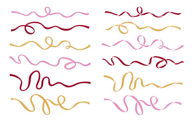 ribbon line vector set. colorful pastel bow coquette sweet red pink gold romantic love wedding valentine celebration confetti surprise ballet lace graphic design art vintage frame anniversary dessert 