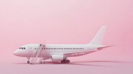 Fototapeta premium Minimalistic White Airplane on Light Blue Background with Boarding Stairs