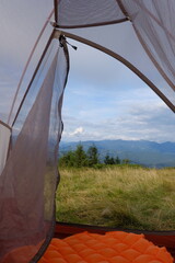 View of the mountain landscape from the tent.