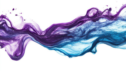 A swirling wave of iridescent paint with hues shifting from deep violet to bright cyan, flowing dynamically and speckled with glossy reflections. Perfectly defined against a clean white background, sm