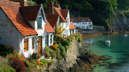 Picturesque coastal village with charming cottages, lush gardens, and calm waters.