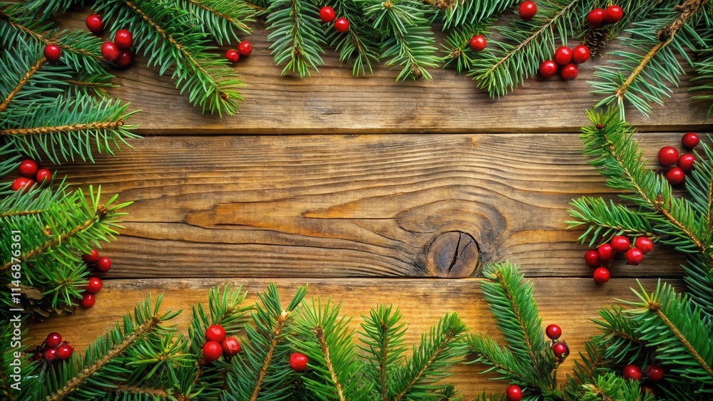 Aufkleber rustic christmas background with evergreen branches and red berries on weathered wood