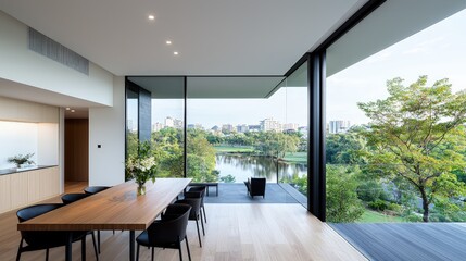 Fototapeta premium Modern dining room with lake view, large windows, wooden table, and black chairs.