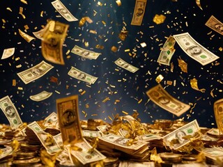 An abstract background full of money, coins, gold and dollar bills falling from sky. Light and confetti on the dark background, 4k wallpaper made by ai.