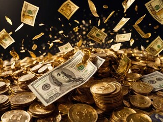 A background of golden dollar bills falling from the sky, with confetti and sparkling lights in the air. The entire scene is filled with gold dust, creating an atmosphere full of wealth and opulence. 