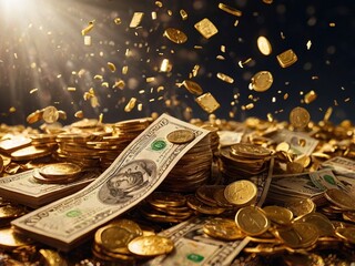A background of golden dollar bills falling from the sky, with confetti and sparkling lights in the air. The entire scene is filled with gold dust, creating an atmosphere full of wealth and opulence. 