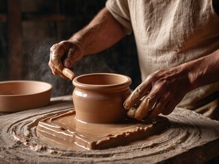 A craftsman hands on the potter working and modelling a vase in the old school way. Professional, ai generated full hd wallpaper.