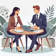 Partners meeting for business discussion with documents and laptop on desk. Couple at round table, speaking, discussing work, partnership. Flat vector illustration isolated on white background