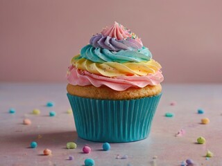 A beautiful cupcake made of pastel colors and rainbow, light, ai generated 4k illustration