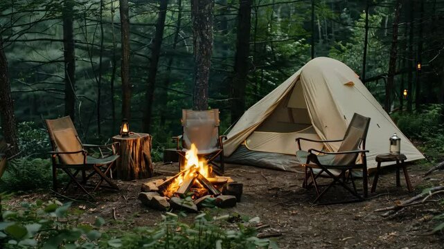 Burning firewood near chairs and camping tent in forest