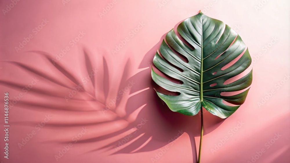 Aufkleber a single monstera leaf with its shadow cast on a pink background, creating a simple and elegant comp