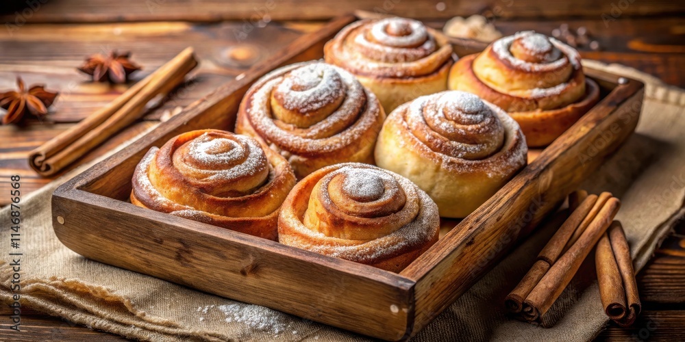 Poster freshly baked cinnamon rolls in a rustic wooden tray with a sprinkle of powdered sugar and aromatic 