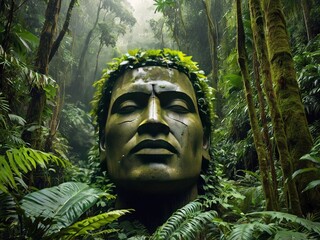 Monumental statue of a head in the middle of a extremely lush rainforest next to a steep but dynamic cliff, 4k resolution