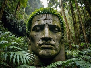 Monumental statue of a head in the middle of a extremely lush rainforest next to a steep but dynamic cliff. AI Generated.
