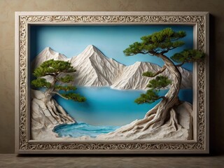 Framed painting of a landscape nature picture with trees, sea, clear sky and mountains. Generative AI.