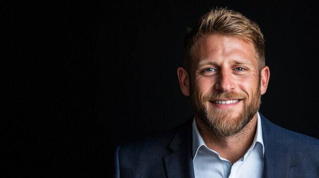 Smiling man in suit, headshot against black background.