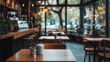 Cozy coffee shop interior with tables, chairs, and a coffee bar.