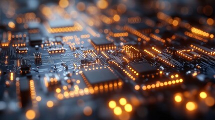 Illuminated circuit board close-up.