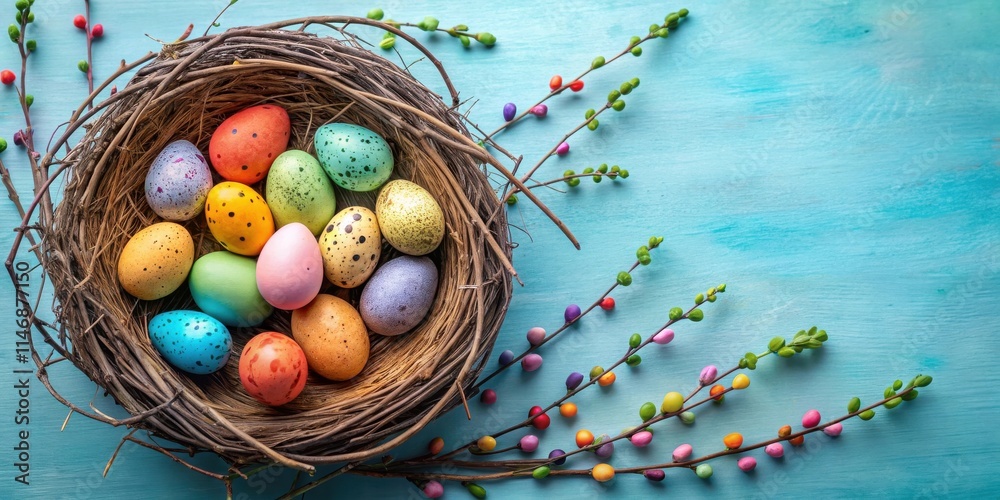 Poster a nest filled with colorful easter eggs surrounded by delicate spring branches on a blue wooden surf