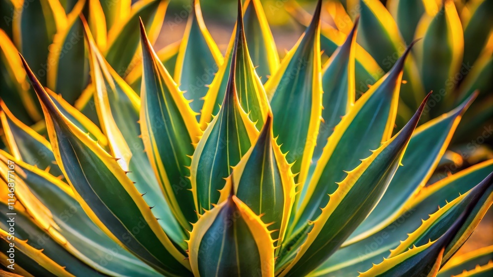 Poster a close-up view of a succulent plant with yellow and green spiky leaves illuminated by the warm glow