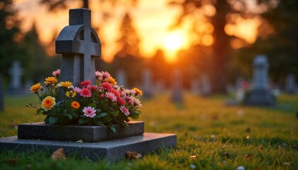 Colorful flower arrangement on a gravestone at sunset in a tranquil cemetery scene