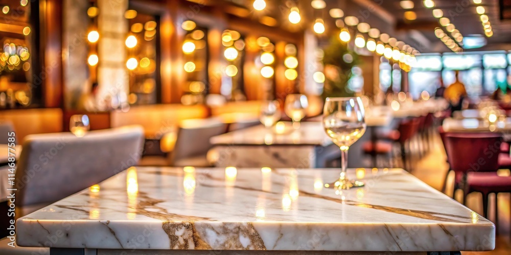 Poster a close up of a marble table in a dimly lit restaurant with a wine glass resting on the surface, the
