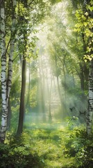 Obraz premium Beautiful forest scene with sunlight streaming through tall trees, creating a serene and peaceful atmosphere.
