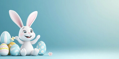 Obraz premium Lachender Osterhase lustige Figur im Cartoon Stil mit Ostereier, Ostern Plakat